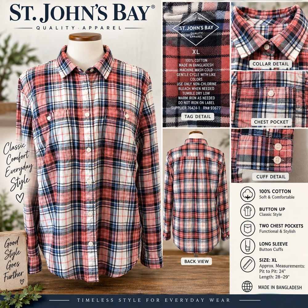 St. John's Bay Mens XL Plaid Button Up Shirt Coral Navy Blue 100% Cotton L/S